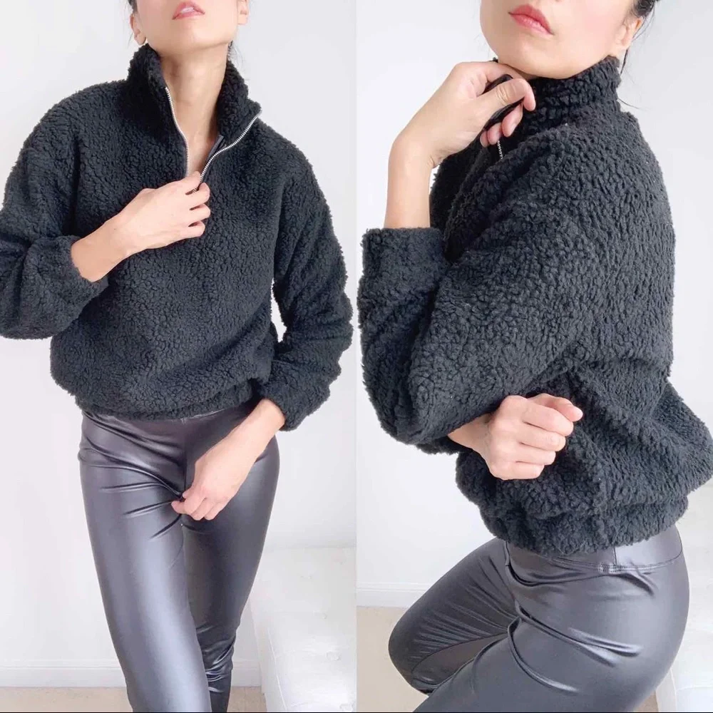 TEDDY SHEARLING HALF ZIP SWEATER  - BLACK - Picture 4 of 7